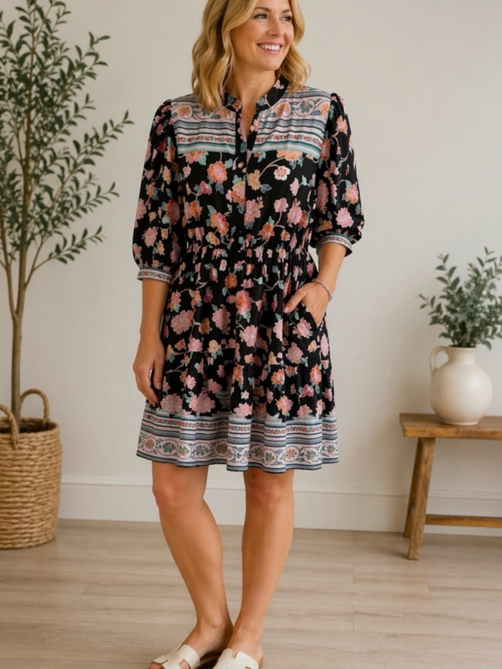 Umgee Black Floral Midi Dress with Pink and Peach Blooms